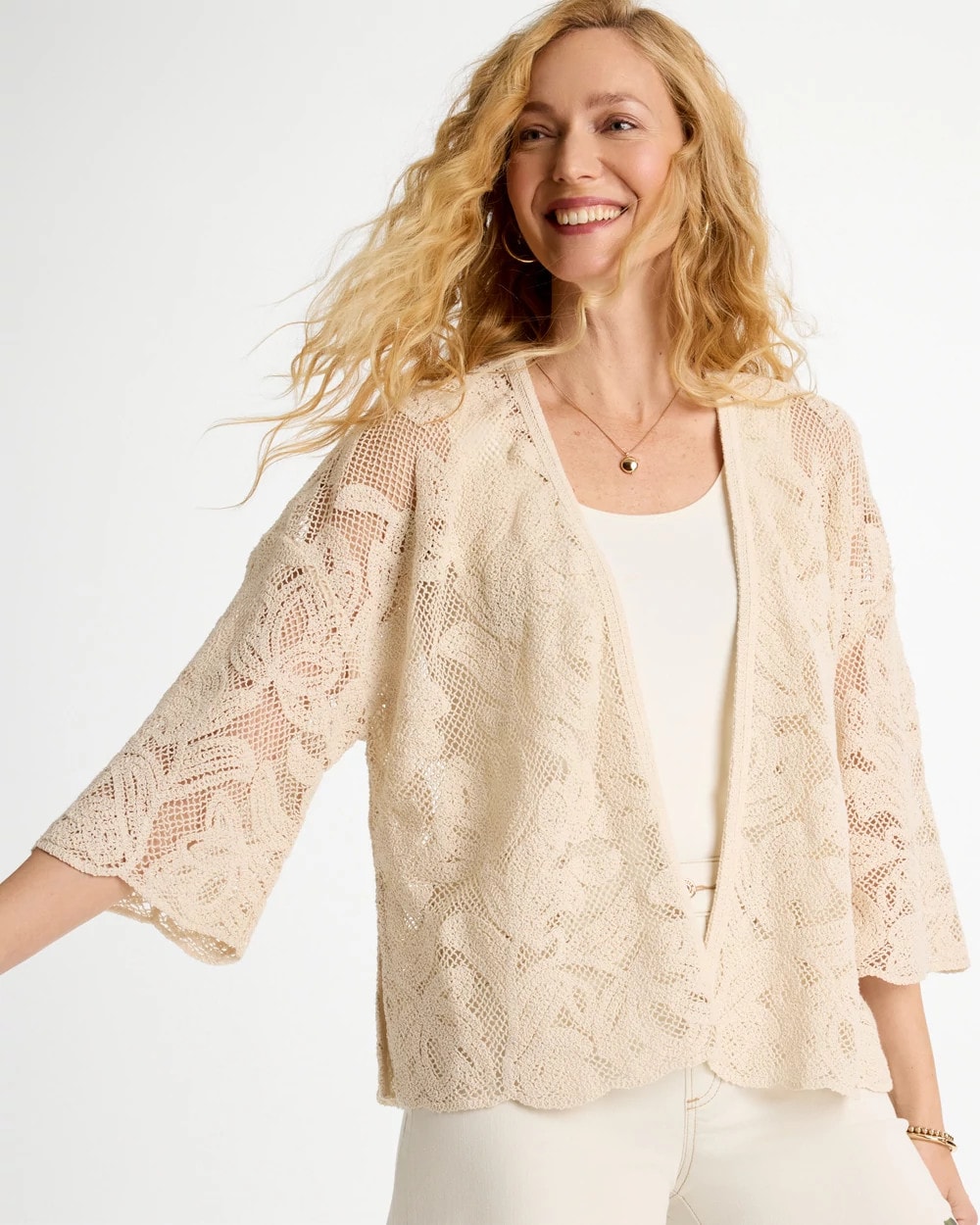 Chico's Cutwork Crochet-Lace Short Kimono at Hamilton Place in